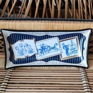 Vintage Bent Edge Manly Pursuits Blue/ Black/White Glass Gilded Tray